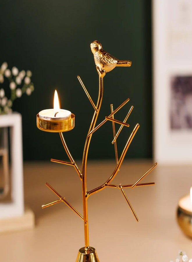The Decor Wick حامل شموع على شكل شجرة طيور معدنية ذهبية اللون من ديكور ويك (قطعة واحدة) | حامل شموع مزخرف لتزيين المنزل، وقطعة مركزية لطاولة الاحتفالات في ديوالي | الارتفاع 22 سم | القاعدة 10 × 10 سم - Image 5